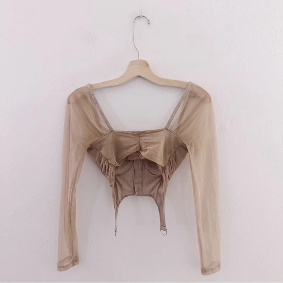 Fashion Nova Don’t Worry About Me Corset Top Nude Long Sleeve Mesh - Picture 3 of 9